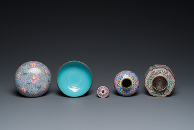 A Chinese Canton enamel covered vase, a covered bowl and a tea caddy, Qianlong