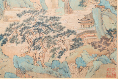 Huan Zhonghua 煥仲華: 'Paysage montagneux', encre et couleurs sur soie, dat&eacute; 1860