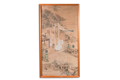 Chinese school: 'Een wijze en zijn dienaar op een terras', inkt en kleur op papier, 18/19e eeuw