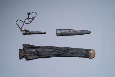 Three scabbards for daggers in leather with copper and pewter mounts, Low Countries, 14/15th C.