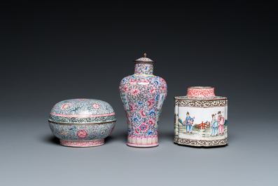 A Chinese Canton enamel covered vase, a covered bowl and a tea caddy, Qianlong