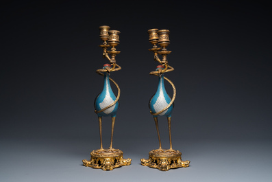 A pair of Chinese cloisonn&eacute; cranes with gilt bronze candelabra mounts, 18/19th C.