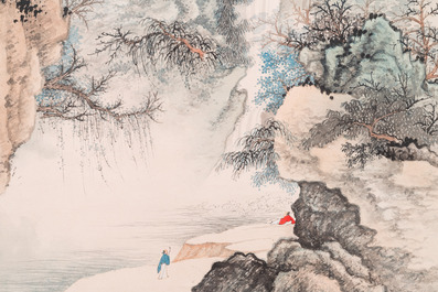 Wang Jiqian 王季遷 (1906-2003): 'Paysage au cascade', encre et couleurs sur papier, dat&eacute; 1996