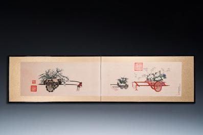 Suiveur de Qu Zhaolin 屈兆麟 (1866-1937): 'Trois chariots aux fleurs', encre et couleurs sur papier, dat&eacute; 1945