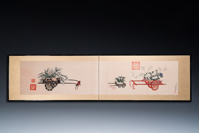 Follower of Qu Zhaolin 屈兆麟 (1866-1937): 'Three chariots with flowers', ink and colour on paper, dated 1945