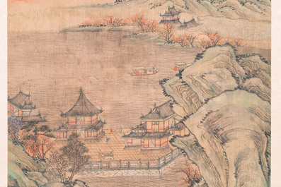 Navolger van Qiu Ying 仇英 (1494-1552): 'Berglandschap met paviljoenen', inkt en kleur op zijde, gedateerd 1545 maar wellicht later