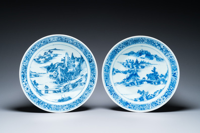Two Chinese blue and white 'mountainous landscape' dishes, 19th C.