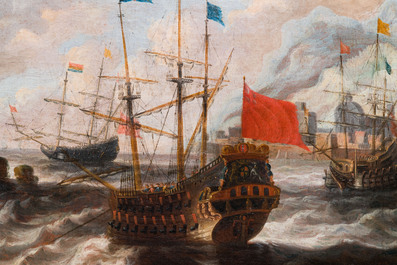 Peter van den Velde (1634-1723/1724, toegeschr. aan): 'Havenzicht met vier schepen op zee', olie op doek