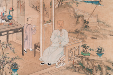 Chinese school: 'A scholar and his servant on a terrace', ink and colour on paper, 18/19th C.