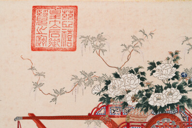 Navolger van Qu Zhaolin 屈兆麟 (1866-1937): 'Drie karren met bloemen',  inkt en kleur op papier, gedateerd 1945