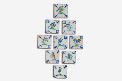 Nine polychrome Dutch Delft 'bird' tiles, 17th C.