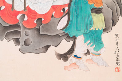 Attributed to Ren Xun 任薰 (1835-1893): 'Bodhisattva with servants', ink and colour on paper