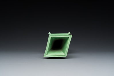 A rare Chinese lozenge-shaped monochrome lime-green-glazed vase, Republic