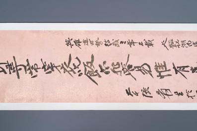 Toegeschreven aan Zhang Daqian 張大千 (1898-1983): 'Twee verticale kalligrafische werken', inkt op papier met goudspatten