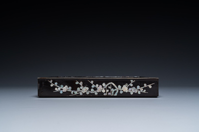 A square Chinese mother-of-pearl-inlaid black lacquer tray, 18th C.