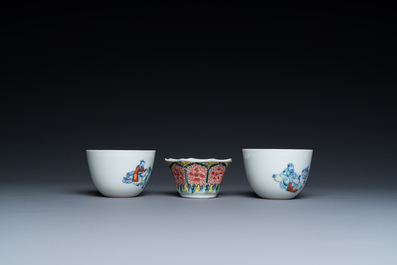 Vier Chinese schotels en drie koppen in blauw-wit, doucai en famille rose porselein, Kangxi en later