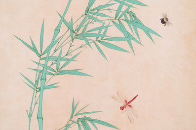 Attributed to Yu Fei'an 于非闇 (1889-1959): 'Bamboo and insects', ink and colour on silk, dated 1945