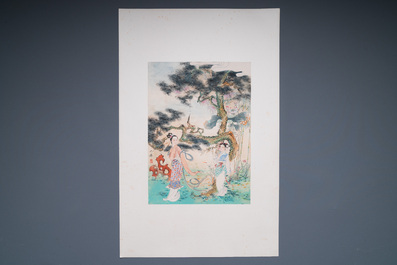 Hu Yefo 胡也佛 (1908-1980): 'Quatre sc&egrave;nes du Xi Xiang Ji', encre et couleurs sur papier