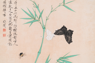 Attributed to Yu Fei'an 于非闇 (1889-1959): 'Bamboo and insects', ink and colour on silk, dated 1945