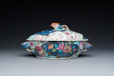 A large Chinese famille rose 'tobacco leaf' tureen and cover on stand, Qianlong