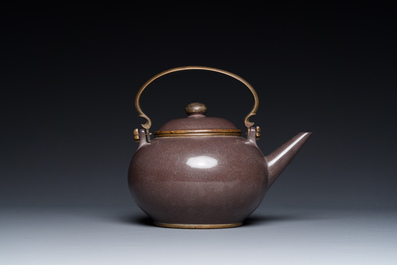 A Chinese polished purple Yixing stoneware teapot and cover for the Thai market, Gong Ju 貢局 mark, 19th C.