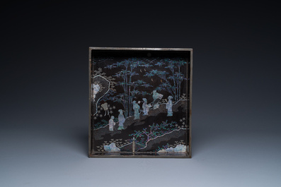 A square Chinese mother-of-pearl-inlaid black lacquer tray, 18th C.