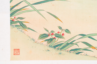 Zhao Hao 趙浩 '石佛' (1881-1949): 'Deux cailles et insectes', encre et couleurs sur soie, dat&eacute; 1928