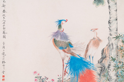 Suiveur de Yan Bolong 顏伯龍 (1898-1955): 'Deux paons et deux grues', encre et couleurs sur papier