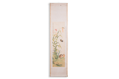 Zhao Hao 趙浩 '石佛' (1881-1949): 'Two quails and insects', ink and colour on silk, dated 1928