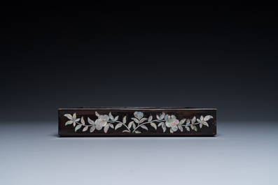 A square Chinese mother-of-pearl-inlaid black lacquer tray, 18th C.