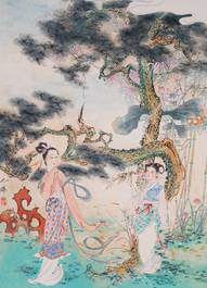 Hu Yefo 胡也佛 (1908-1980): 'Quatre sc&egrave;nes du Xi Xiang Ji', encre et couleurs sur papier