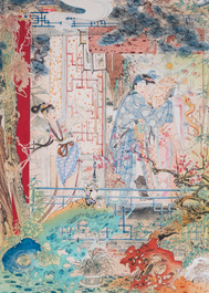 Hu Yefo 胡也佛 (1908-1980): 'Quatre sc&egrave;nes du Xi Xiang Ji', encre et couleurs sur papier