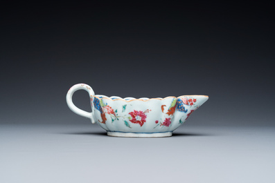 A Chinese famille rose 'pseudo-tobacco leaf' sauce boat on stand, Qianlong