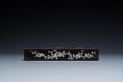 A square Chinese mother-of-pearl-inlaid black lacquer tray, 18th C.