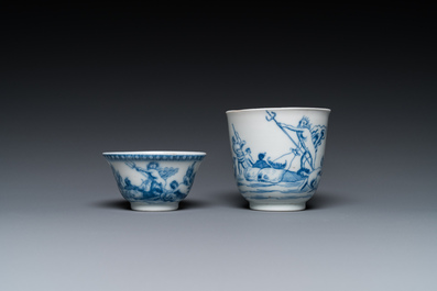 Two Chinese blue and white mythological subject cups and saucers with Neptune, Qianlong