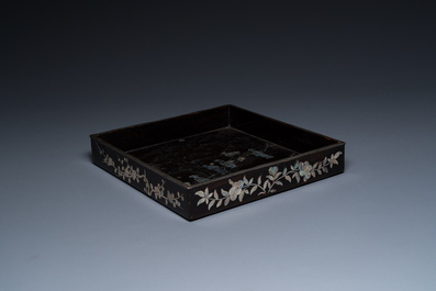 A square Chinese mother-of-pearl-inlaid black lacquer tray, 18th C.