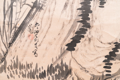 Liu Ruihua 劉瑞華 (1971): 'Ecureuils et raisins', encre et couleurs sur papier, dat&eacute; 1995 et Jiang Yunge 江雲閣: 'Bambou', encre sur soie, dat&eacute; 1949