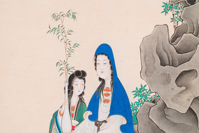 Attributed to Ren Xun 任薰 (1835-1893): 'Bodhisattva with servants', ink and colour on paper