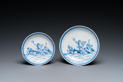 Two Chinese blue and white mythological subject cups and saucers with Neptune, Qianlong
