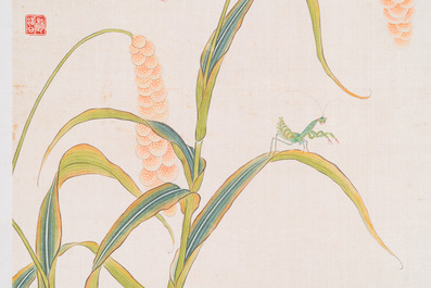 Zhao Hao 趙浩 '石佛' (1881-1949): 'Deux cailles et insectes', encre et couleurs sur soie, dat&eacute; 1928