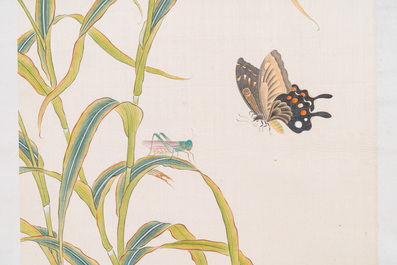 Zhao Hao 趙浩 '石佛' (1881-1949): 'Deux cailles et insectes', encre et couleurs sur soie, dat&eacute; 1928