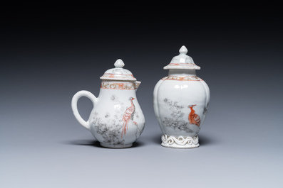 A Chinese iron-red and grisaille tea caddy and cream jug with fine pheasants, Yongzheng