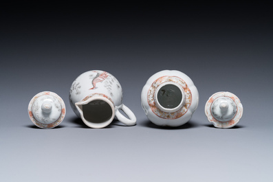 Une bo&icirc;te &agrave; th&eacute; et une verseuse couverte en porcelaine de Chine &agrave; d&eacute;cor de faisans en grisaille et rouge de fer, Yongzheng