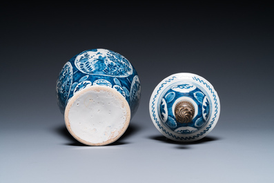 Two Dutch Delft blue and white chinoiserie vases and a deep salad bowl, 17/18th C.