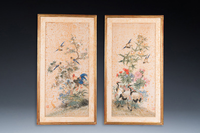 Wang Chengxun 王承勳 (19/20&egrave;me): 'Quatre oeuvres aux oiseaux', encre et couleurs sur soie, R&eacute;publique
