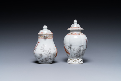 A Chinese iron-red and grisaille tea caddy and cream jug with fine pheasants, Yongzheng