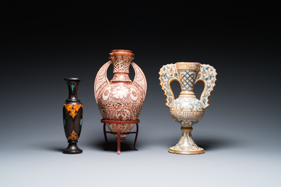 Two Hispano-Moresque lustre-glazed 'Alhambra' vases and a stone-inlaid wooden vase, Spain and Northern Africa, 19/20th C.