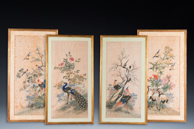 Wang Chengxun 王承勳 (19/20e eeuw): 'Vier werken met vogels, inkt en kleur op zijde, Republiek