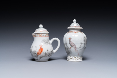 A Chinese iron-red and grisaille tea caddy and cream jug with fine pheasants, Yongzheng