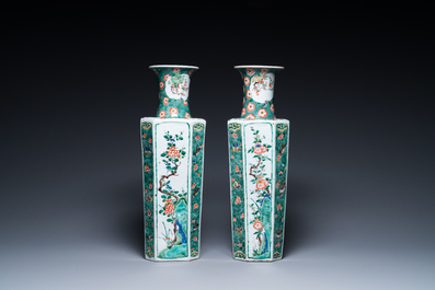 A pair of Chinese hexagonal famille verte vases with floral panels, Kangxi